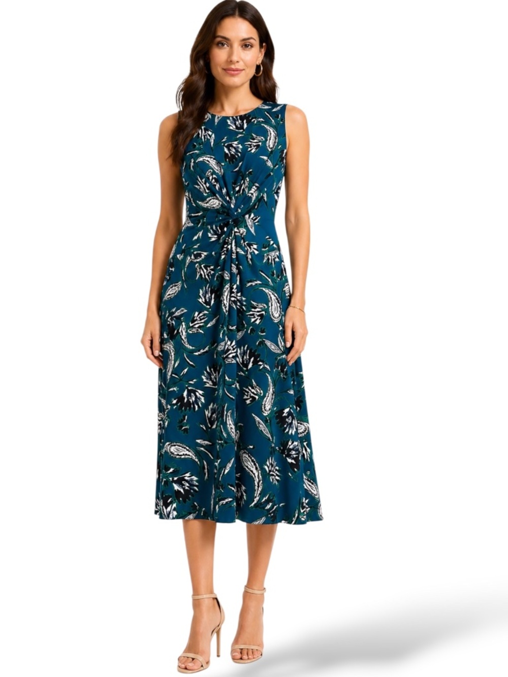VINCE CAMUTO Front Twist Fit & Flare Paisley Print Midi Dress Keyhole Back Sz 8